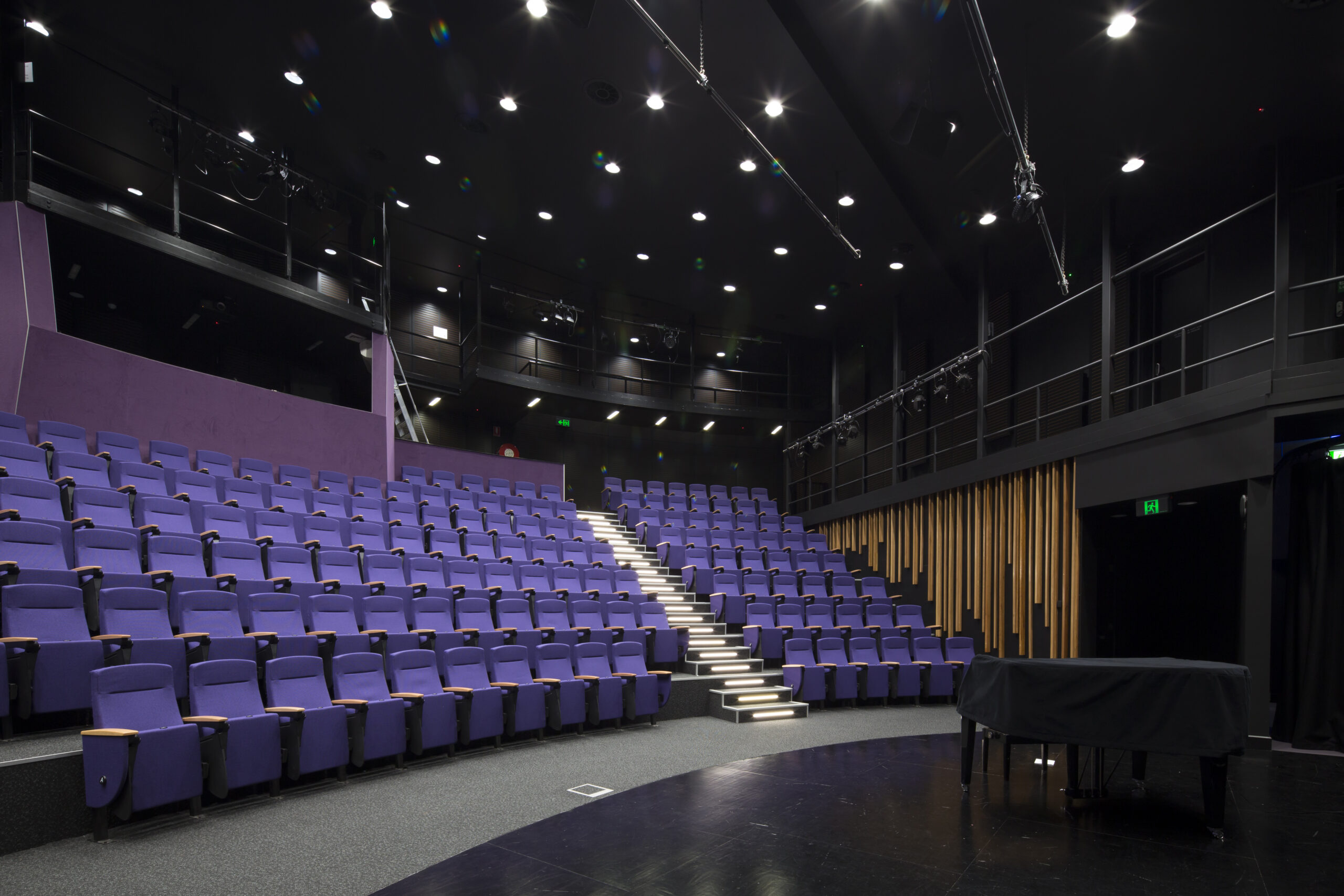 Bridigine College St Ives' new Anita Murray Centre for Performing Arts and Sciences, a large amphitheatre with purple seats.